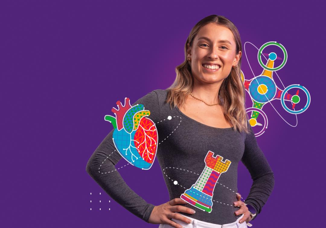 Student surrounded by a graphic of a heart, chess piece and drone