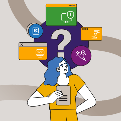 A graphic representation of a person looks up at a question mark surrounded by icons showing different career paths