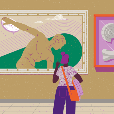 Illustration of a lady in a museum looking at a display of dinosaur fossils and a picture of Ancient Greek art. 