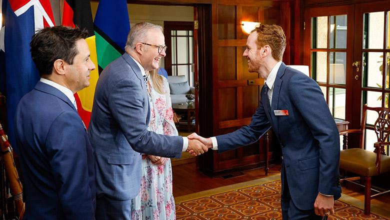 Geoff Smith shaking hands with The Hon. Anthony Albanese, MP, Prime Minister of Australia