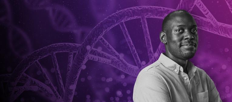 HDR student against graphic of purple DNA strand